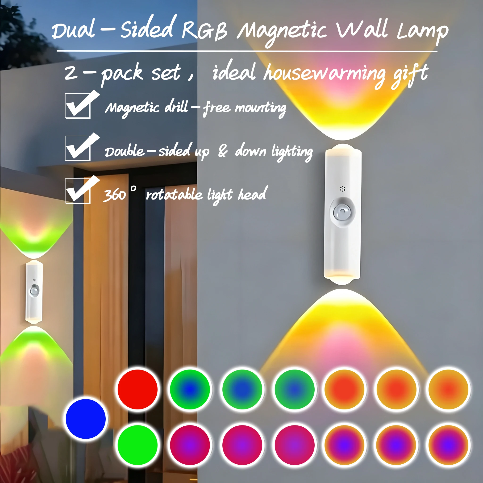 2pc 360° Rotatable RGB Magnetic Wall Sconce, Motion Sensor Up‑Down Spotlight, Drill‑Free Rechargeable Bedroom Hallway Decor Gift