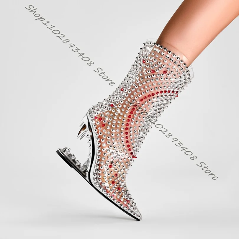 Clear PVC Rhinestone Dental Heels Boots Pointed Toe Side Zipper Strange Style Heels Boots Women Shoes 2023 Zapatos Para Mujere