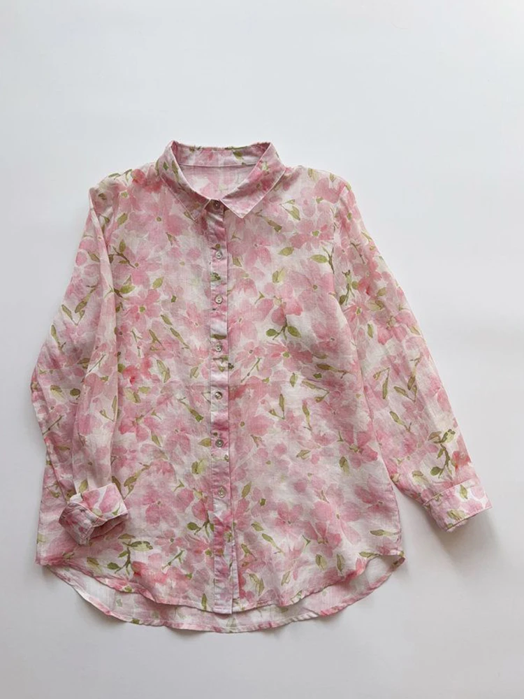 

Sweet Loose Pink Floral Shirt Women Pure Cotton Elegant Long Sleeve Blouse Spring Summer Vintage Casual Single Breasted Ins Tops