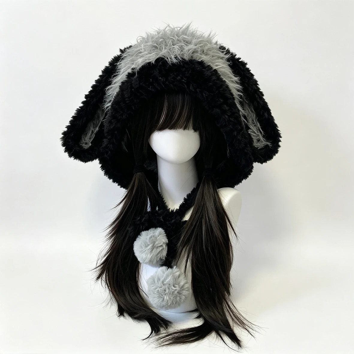 Handmade Crochet Black Gray Bunny Rabbit Ears Hat Women Plush Cozy Knit Winter Warm Beanie Girls Goth Casual Headwarmer Custom