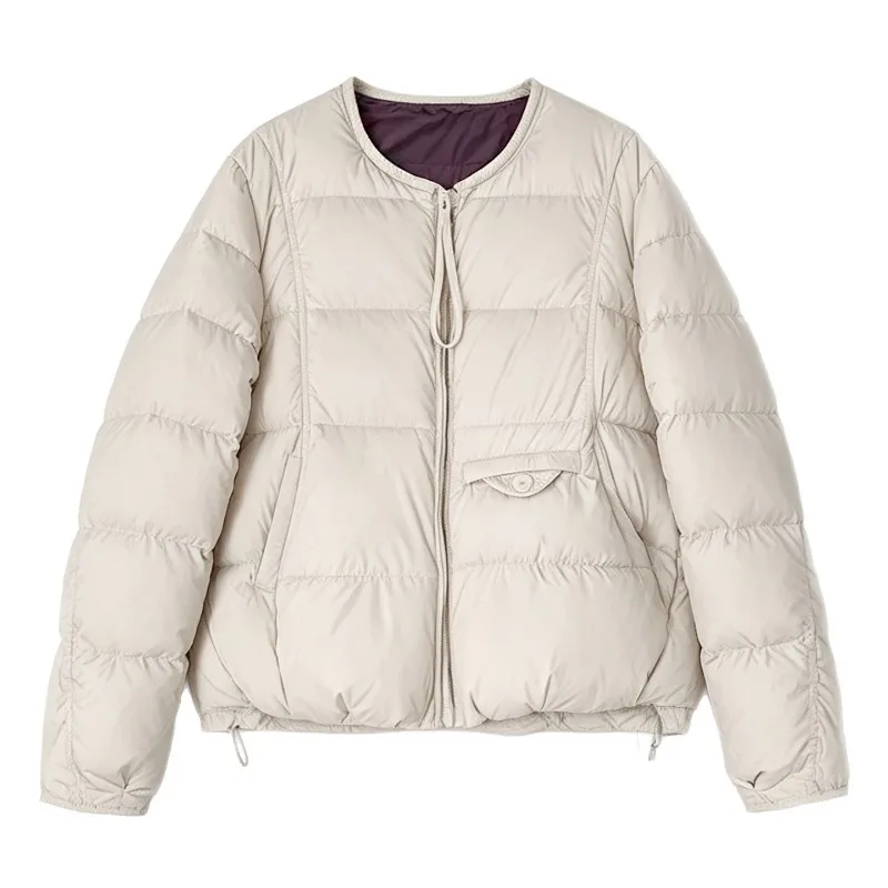 Women Solid Color Lightweight Padded Jacket Crew Neck Zip Up Short Quilted Coat Contrast Lining Drawstring Hem Casual Outerwear