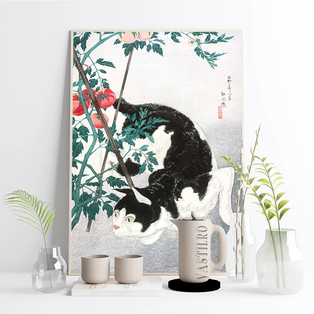 Cat Tomato Plant Animal Vintage Poster Antique Canvas Painting Print Art Wall Picture Kitchen Canteen Decor