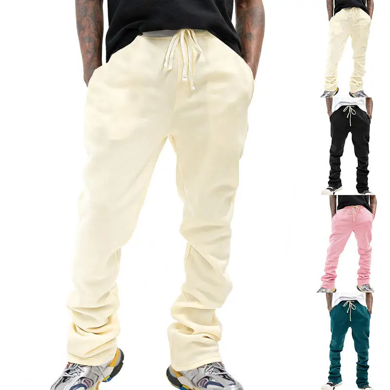 

Men's Casual Trousers High Waist Straight Leg Folded Cuff Bell Bottom Pure Color Retro Fit American Style Summer Fashion
