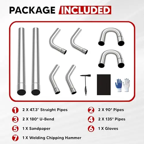 

8-Piece 2.5-Inch Carbon Steel Exhaust System Kit: 16-Gauge Straight, 90°, 135°, and U-Bend Pipes with Tools