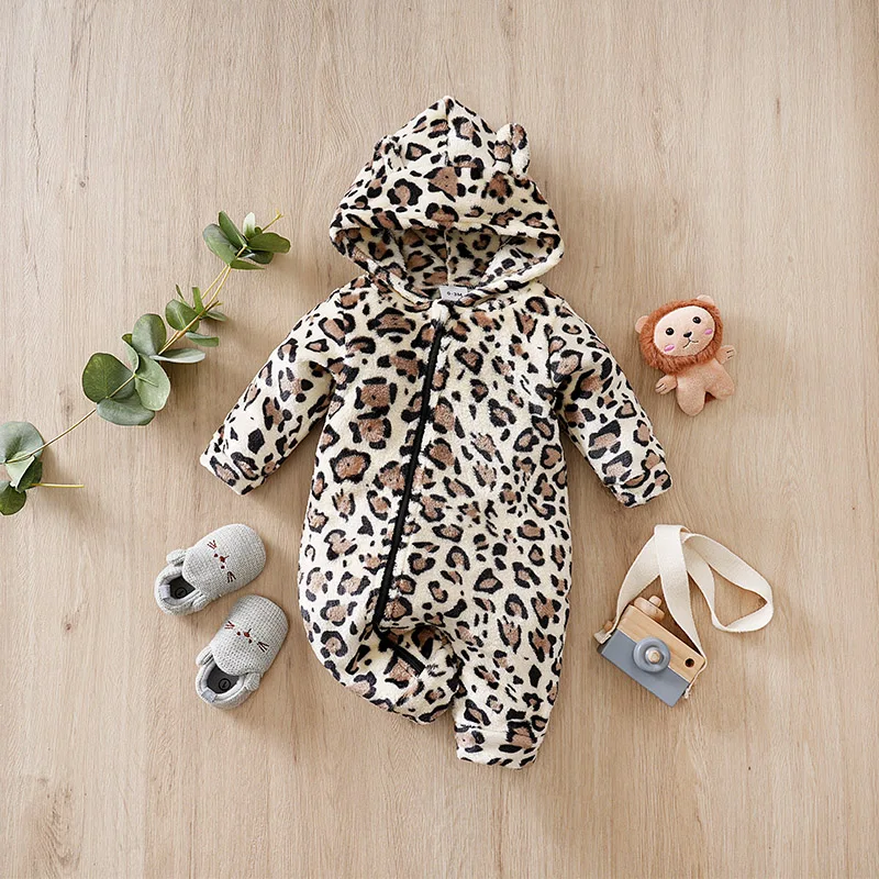 2025 Newborn  baby clothes Winter Baby Long-Sleeve Hooded Romper 0-18Months Boys and Girls Baby Warm & Cozy,Thick Leopard Print
