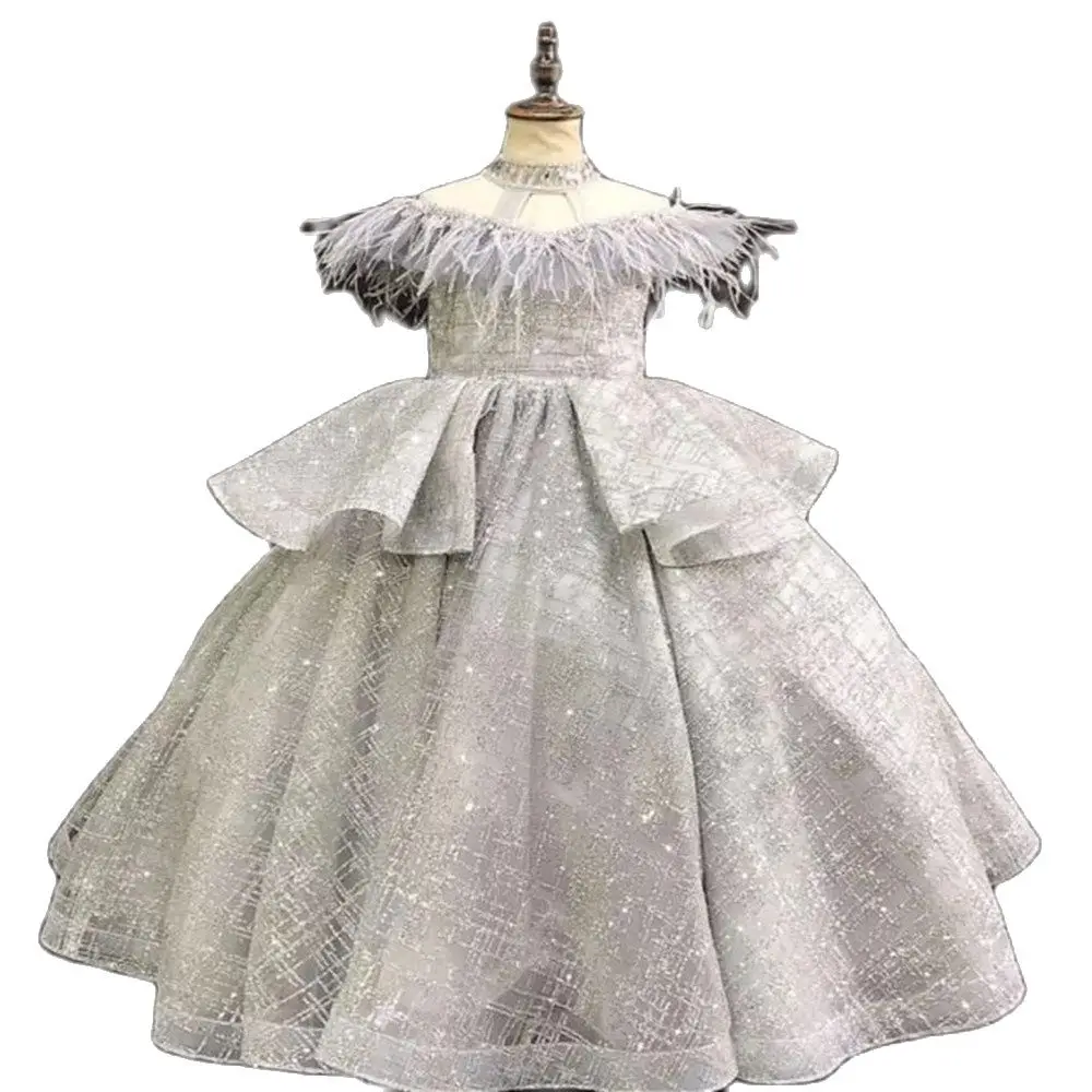 Vestidos de lujo para desfile para niña, escote transparente, pluma, lentejuelas, elegante, fiesta de cumpleaños