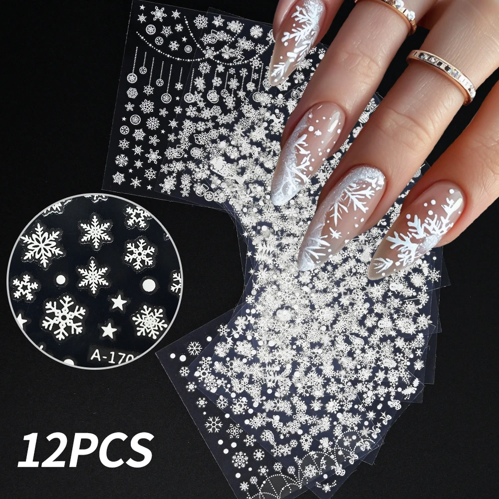 12pcs/Set 3D Snowflake Nail Art Decals White Christmas Designs Self Adhesive Stickers Winter New Year Nail Art Decoration NLS189