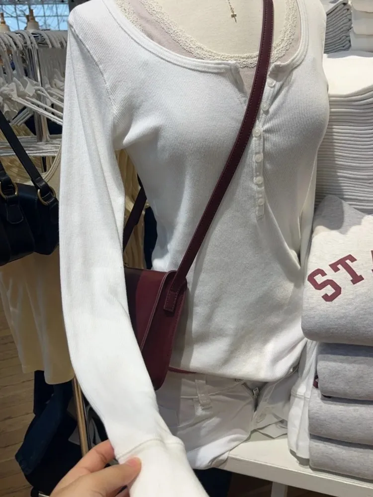 

Simple White Ribbed Slim Long Sleeve T-shirts Women Autumn Six Buttons O-Neck Cotton Tshirts Tops All-match Tees Shirt Clothes