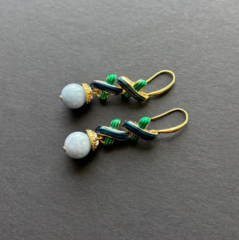 Vintage Blue Green Enamel Wave Pattern Hook Geometric Cross Dangle Drop Earrings for Women Party Jewelry Daily Wear
