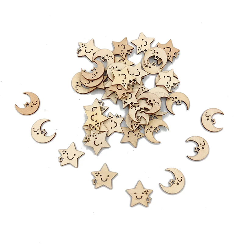 25pcs Star and Moon Shape Wooden Slices Crafts For DIY Scrapbook Home Decor Wooden Ornament