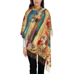 Ladies Long Our Lady Of Guadalupe Virgin Mary Scarves Women Winter Thick Warm Tassel Shawl Wrap Catholic Mexico Poster Scarf