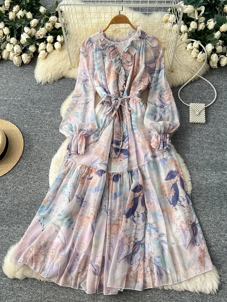 فستان نسائي طويل بطبعة زهور، خصر ضيق، تصميم A-Line، فستان ماكسي صيفي للعطلات، خصر عالي، مصنوع من البوليستر