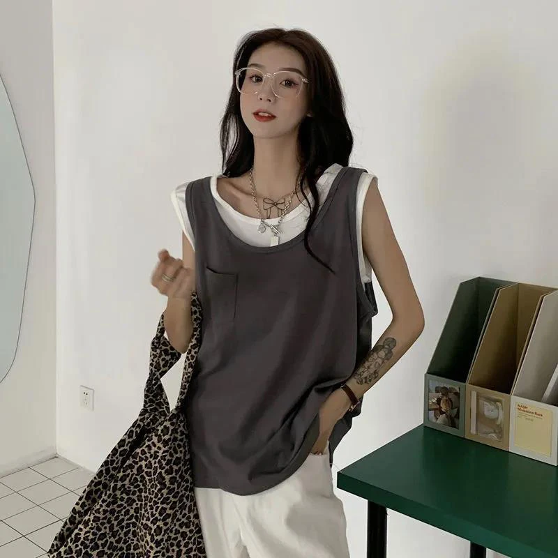 Fall Fake Two Spliced Sleeveless Women Tank Tops T Shirt Korean Style Fashion Loose Casual Harajuku Hip Hop Punk Vest Streetwear