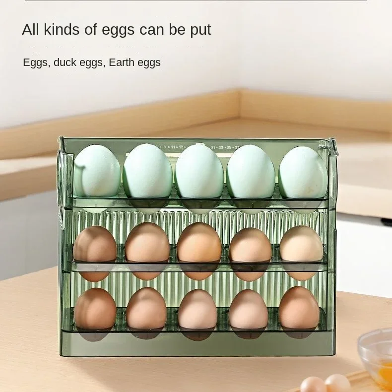 Egg storage box, household refrigerator side door arrangement, multi-layer reversible kitchen, transparent and fresh egg box