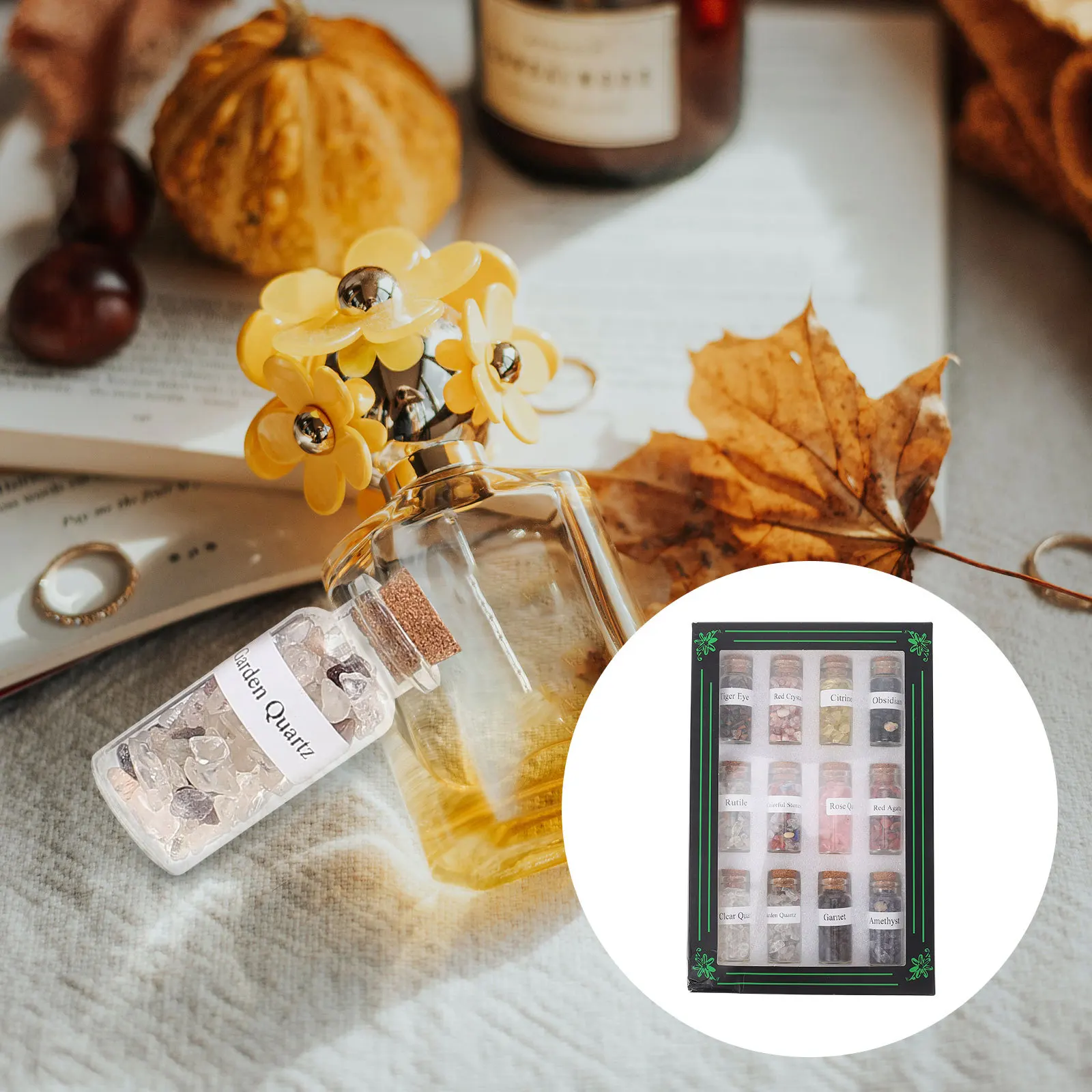 

12pcs Natural Gemstone Chips In Mini Wishing Bottle With Cork Stopper For Home Office Decor Desktop Adornment Birthday Gift