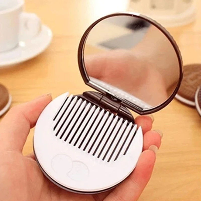 Portable Mini Pocket Mirror With Comb Brown Chocolate Cookie Shaped Design Mirror Makeup Chocolate Folding Comb