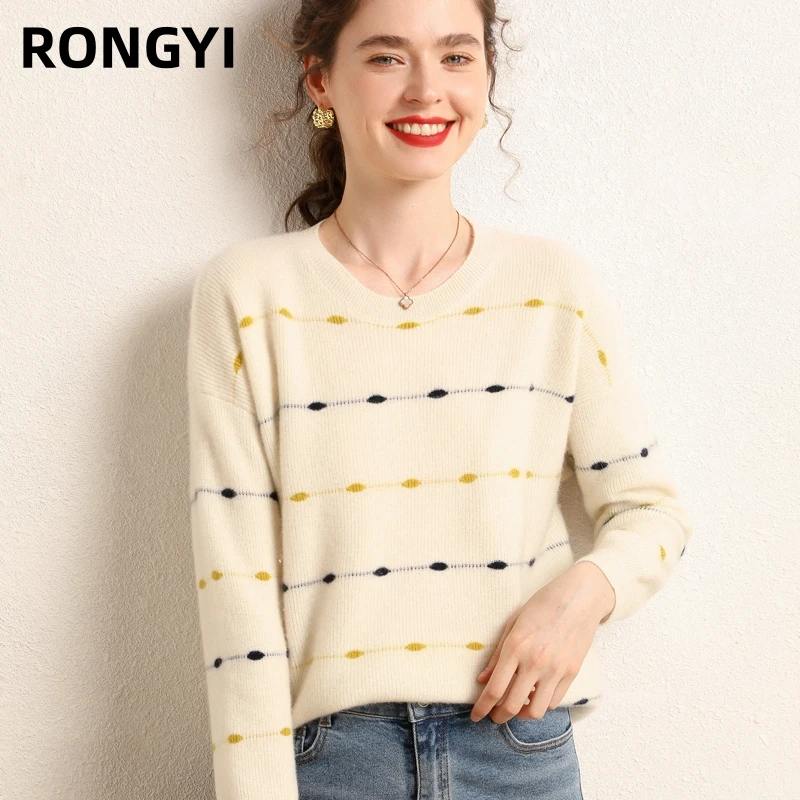 RONGYI 100% Goat Cashmere Sweater Women's 12-Pin O-Neck 3-Color Drum Wave Inlay Pullover Knitted Casual Autumn And Winter Top