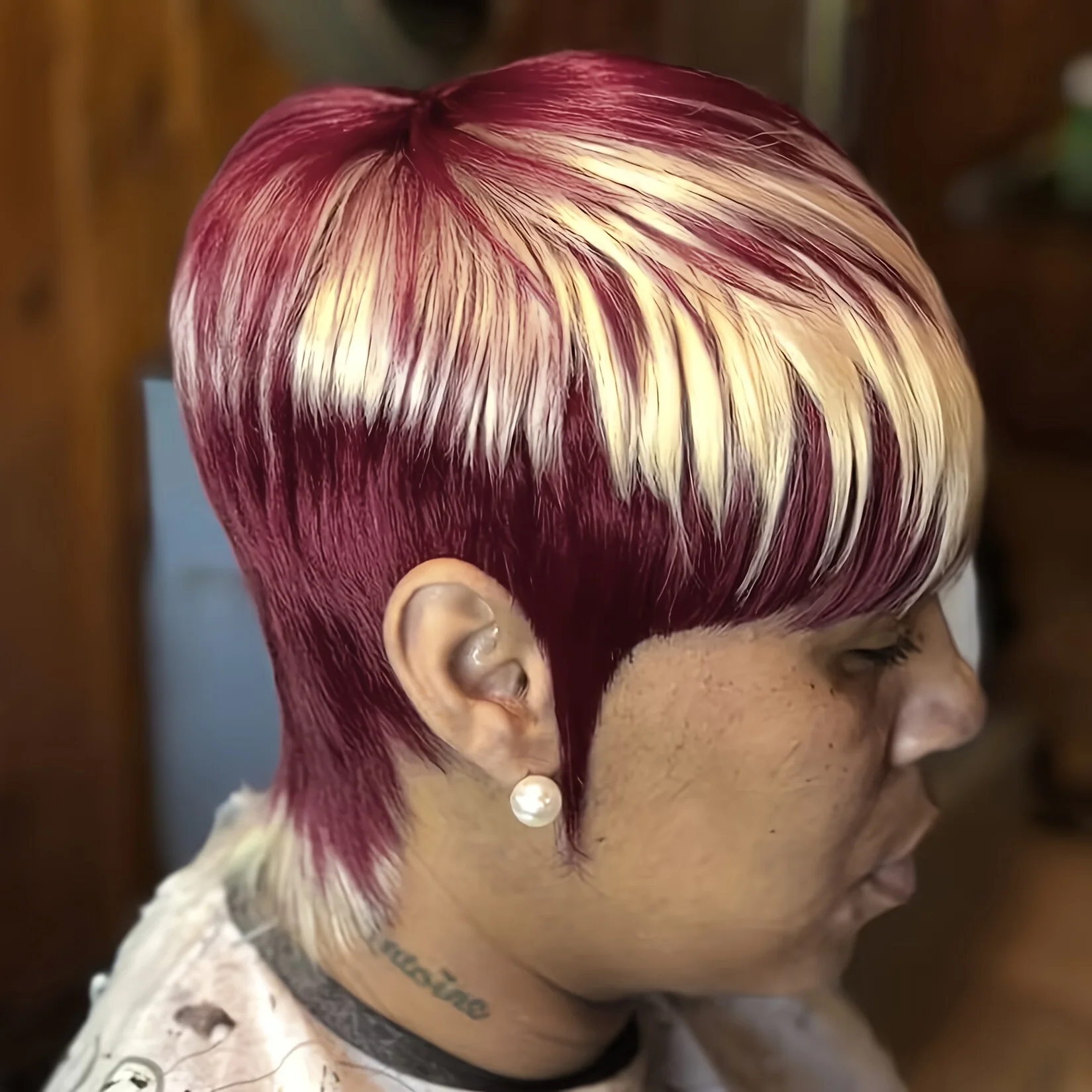 613オンブレ99J/レッドカラーピクシーカットストレート人毛ウィッグ女性用フルマシンメイドウィッグショートレイヤードストレートウィッグ（前髪付き）