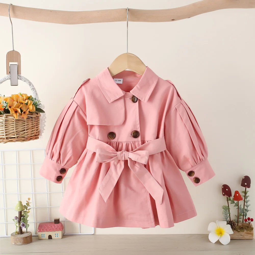 Girls\' Trench Coat Autumn New Double Breasted Windproof Long Sleeved Belt Princess Style Lapel Solid Color Jacket