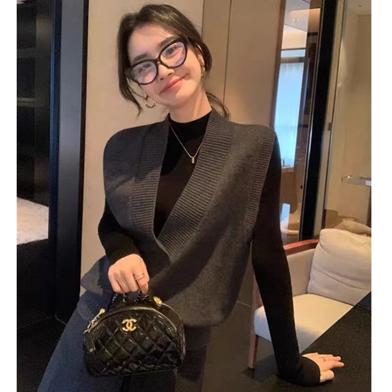Retro V-ausschnitt Gestrickte Weste für Frauen Elegante Einfarbig Gestrickte Hemd Herbst/Winter Koreanische Ärmellose Gestrickte Pullover für Frauen