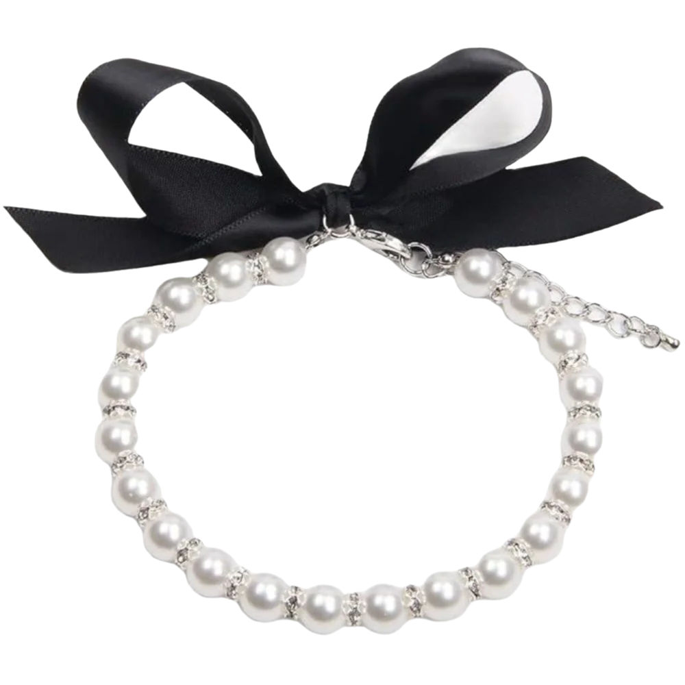 Adjustable Pet Pearl Necklace Simulated Pearl Bling Pet Puppy Jewelry Elegant Bow Knot Ribbon Cat Bead Collar for Cats and Dogs