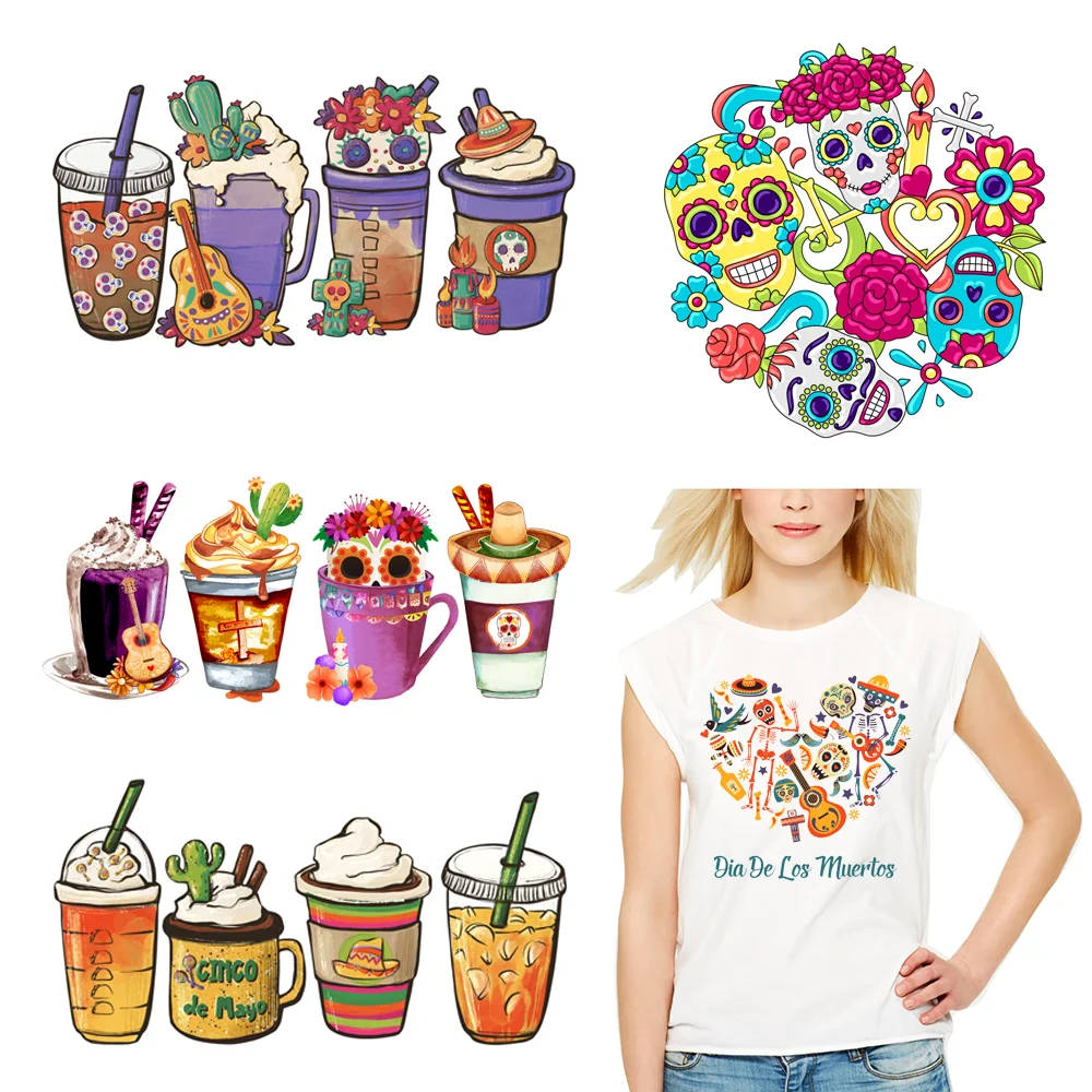 

High Quality Mexican Day of the Dead DIY Heat Transfer Iron On Decals Clothes Logo Sticker Washable Thermal Printing Patch