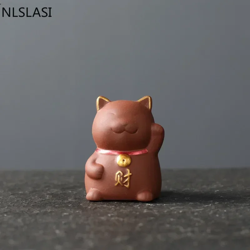 NLSLAISI 1 PCS Yixing Purple Clay Small Tea Pet Lucky Cat Figurine Ornament Boutique Tea Accessories Crafts Home Tea Decoration