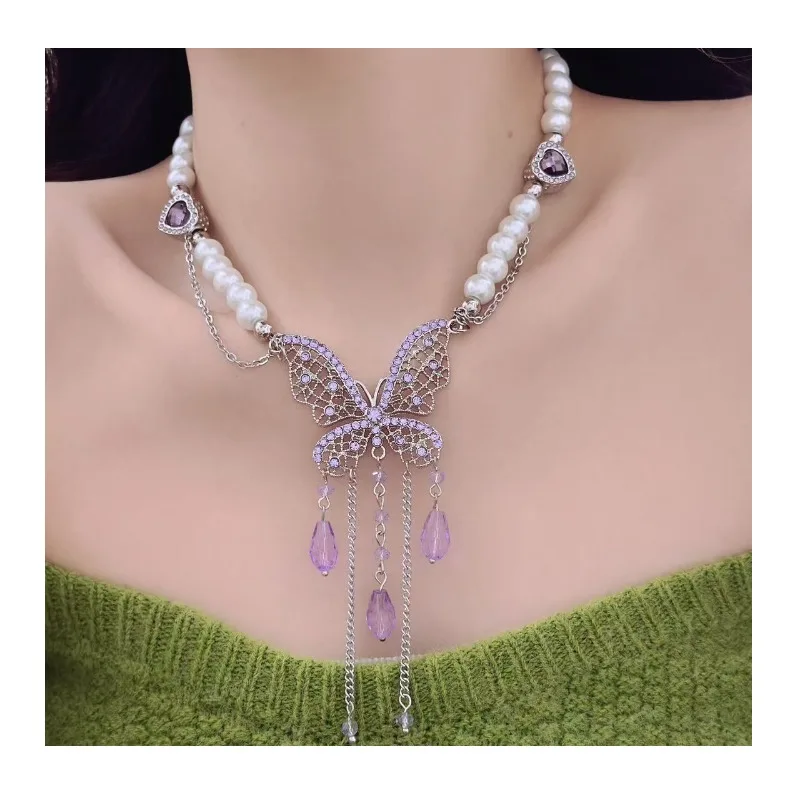 

Sweet Cool Spice Girl Purple Full Diamond Butterfly Pearl Necklace Light Luxury Niche Exaggerated Premium Beaded Neck Chain Coll