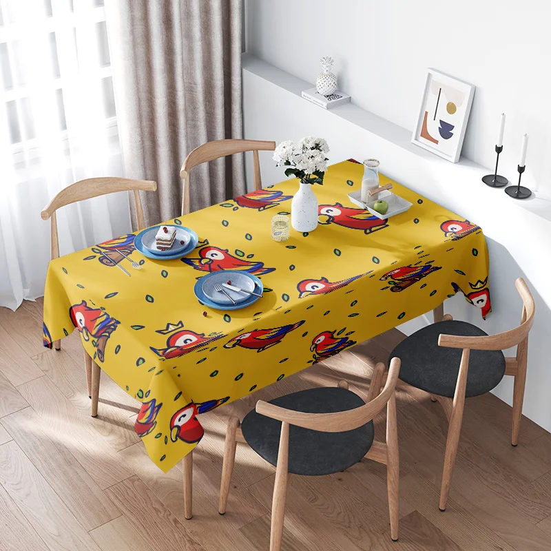 Yellow Printed Tablecloth Cartoon Birds Square Shape for Dining Room Home Decoration (Wooden Chairs Sold Separately)