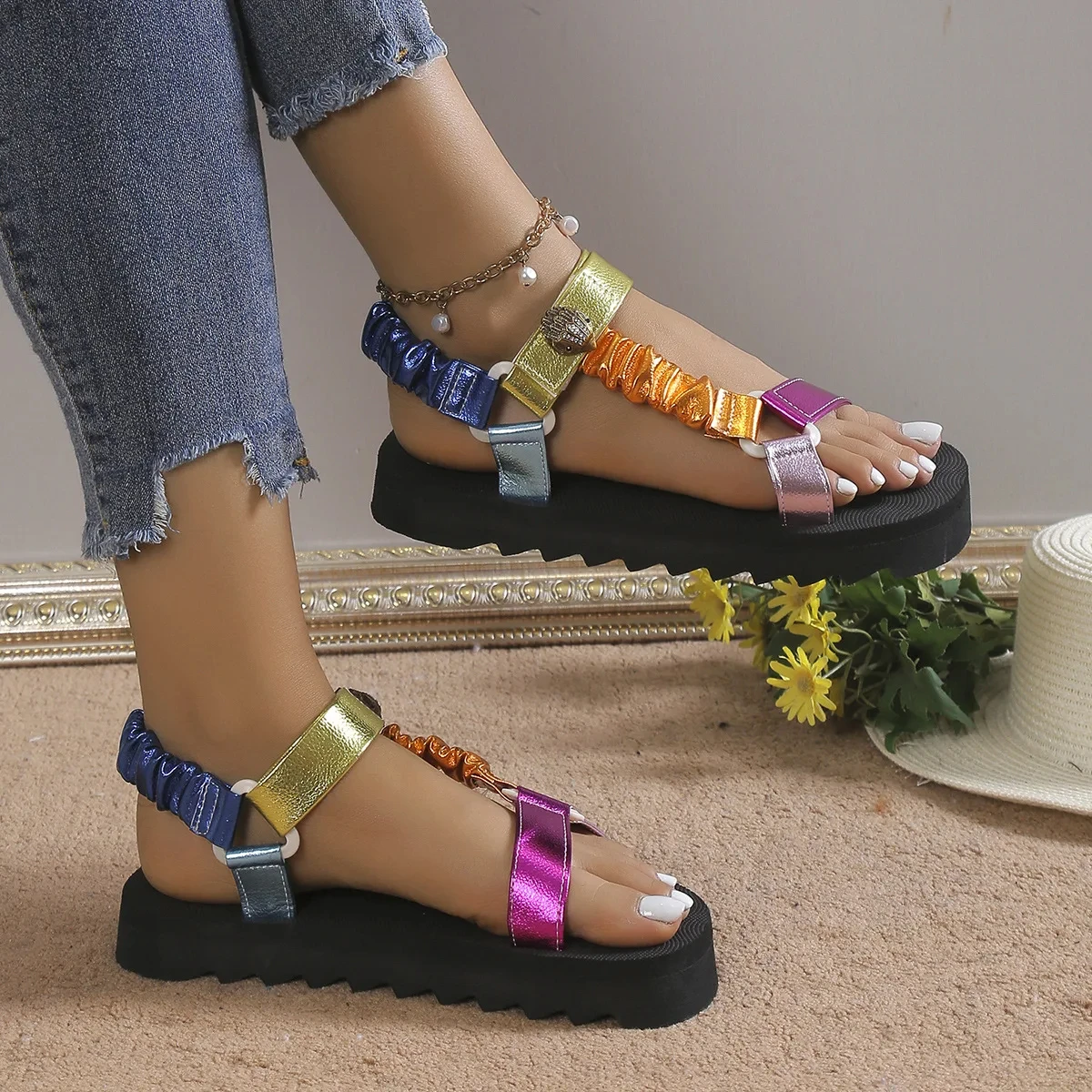 Zapatos planos de verano para mujer, conjunto de cuerda de cáñamo, sandalias de playa para exteriores, zapatillas informales que combinan con todo, sandalias de talla grande