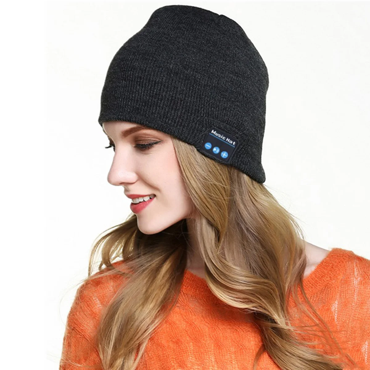 

Music Knitted Hat Dark Grey Beanie with Wireless Headphone Stereo Sound Built-in Mic Hands-Free Calling for Outdoor
