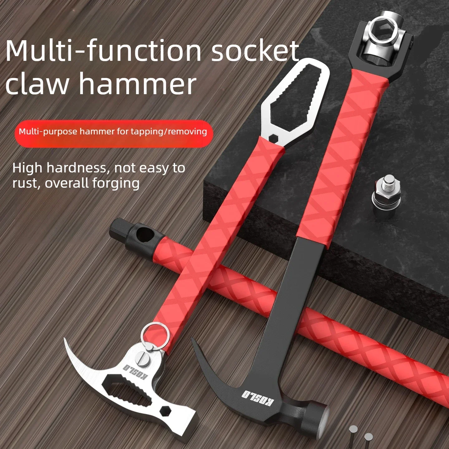 Multifunctional Claw Hammer with Socket Wrench, Nail Puller, Woodworking Hammer for Expansion Screw Installation