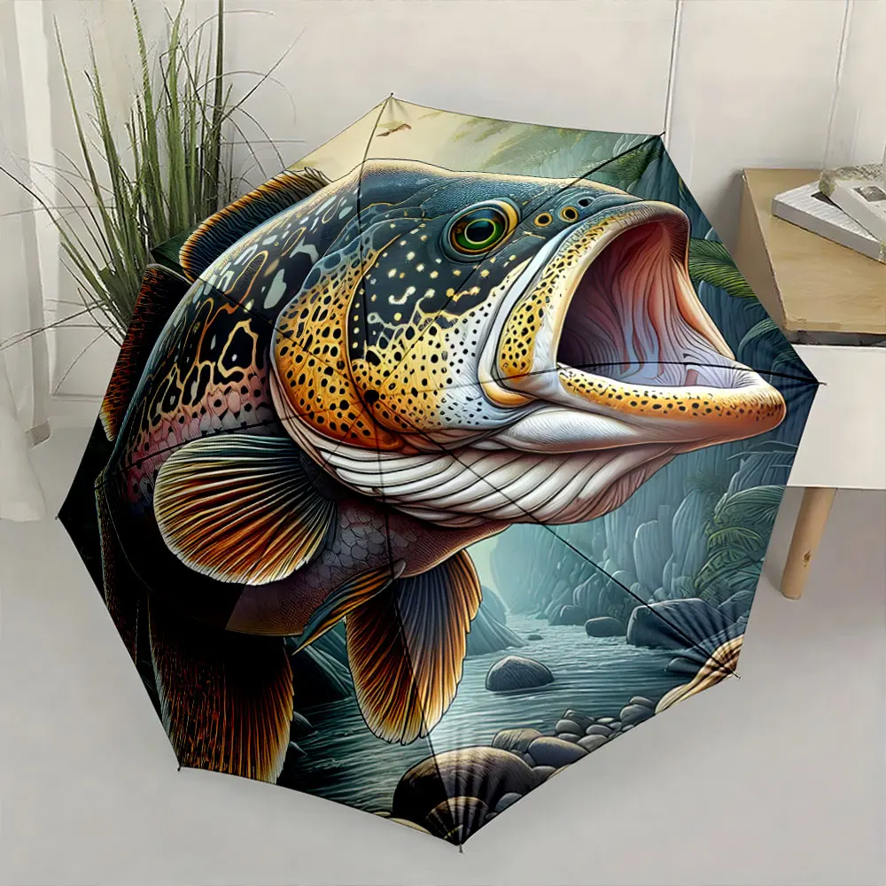 1PC Artistic Fish Design Umbrella for Creative Style Print 8 Iron Ribs Folding Umbrella Auto-Open Fashion Sunshade