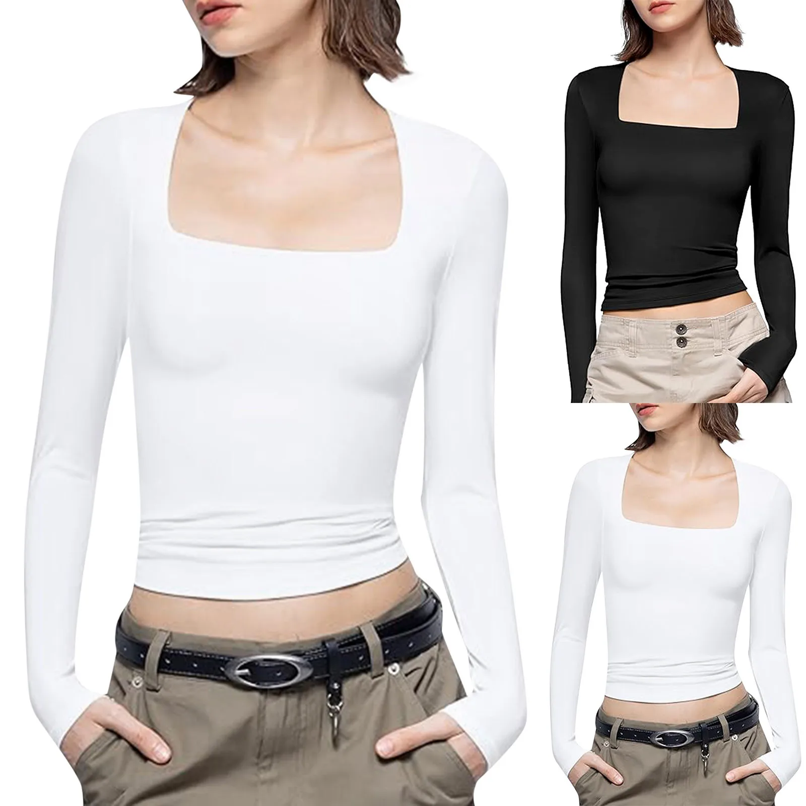 

Women Casual Simple Solid Color Square Neck Shirt Long Sleeved Tight Fitting Top