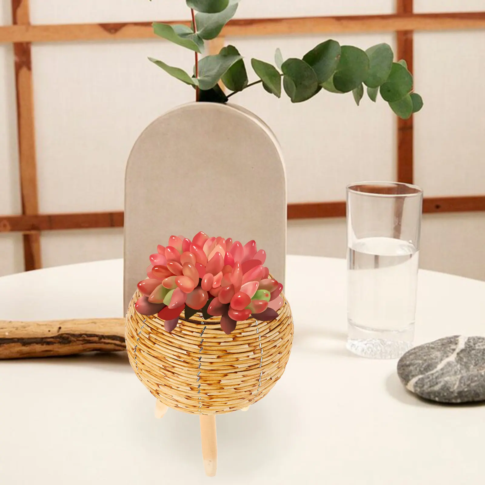 Woven Triangular Plant Stand Indoor Planter Display Stand for Succulents Flowers Desktop Shelf Bedroom Living Room Decorative