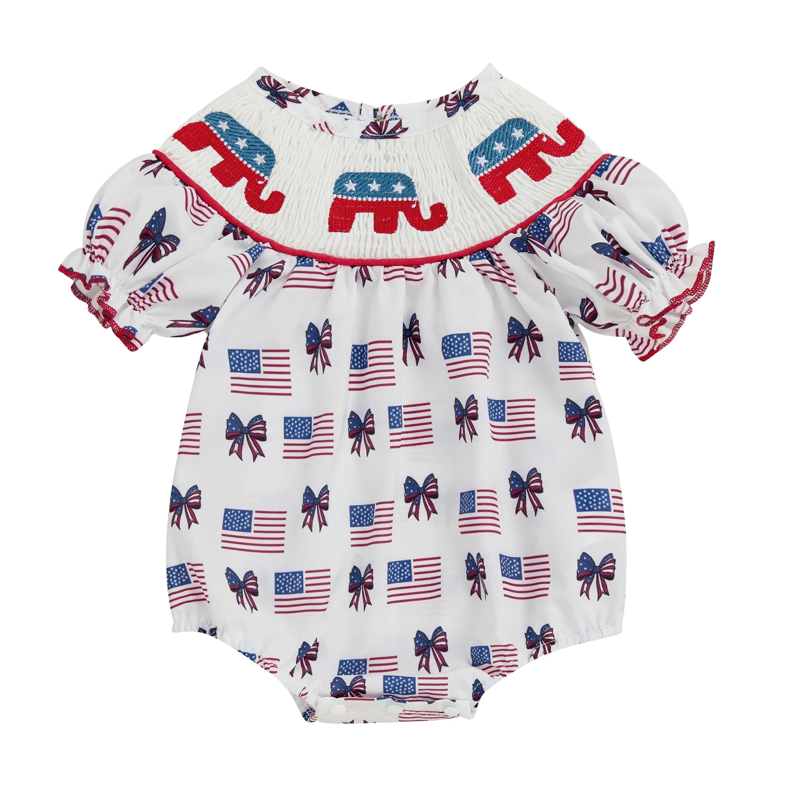 

Baby Girl 4th of July Romper Bow American Flag Smocked Short Sleeve Bodysuit Cute Summer Clothes