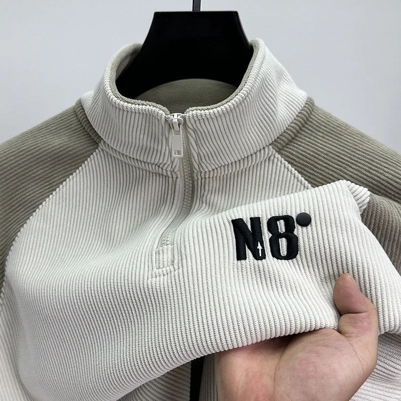 بلوفر رجالي عتيق مبطن بالصوف سميك دافئ بسحّاب بلوفر رجالي نصف ياقة عالية وأكمام طويلة مع قلنسوة ملابس الشارع الشهير