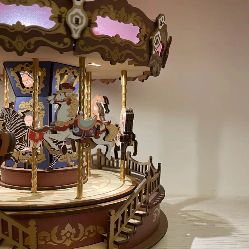 Robotime Carousel صندوق تشغيل الموسيقى ثلاثية الأبعاد لغز خشبي مع أضواء LED والعتاد نموذج بناء البناء الحرفية مجموعات هدايا عيد الميلاد عيد الميلاد #6