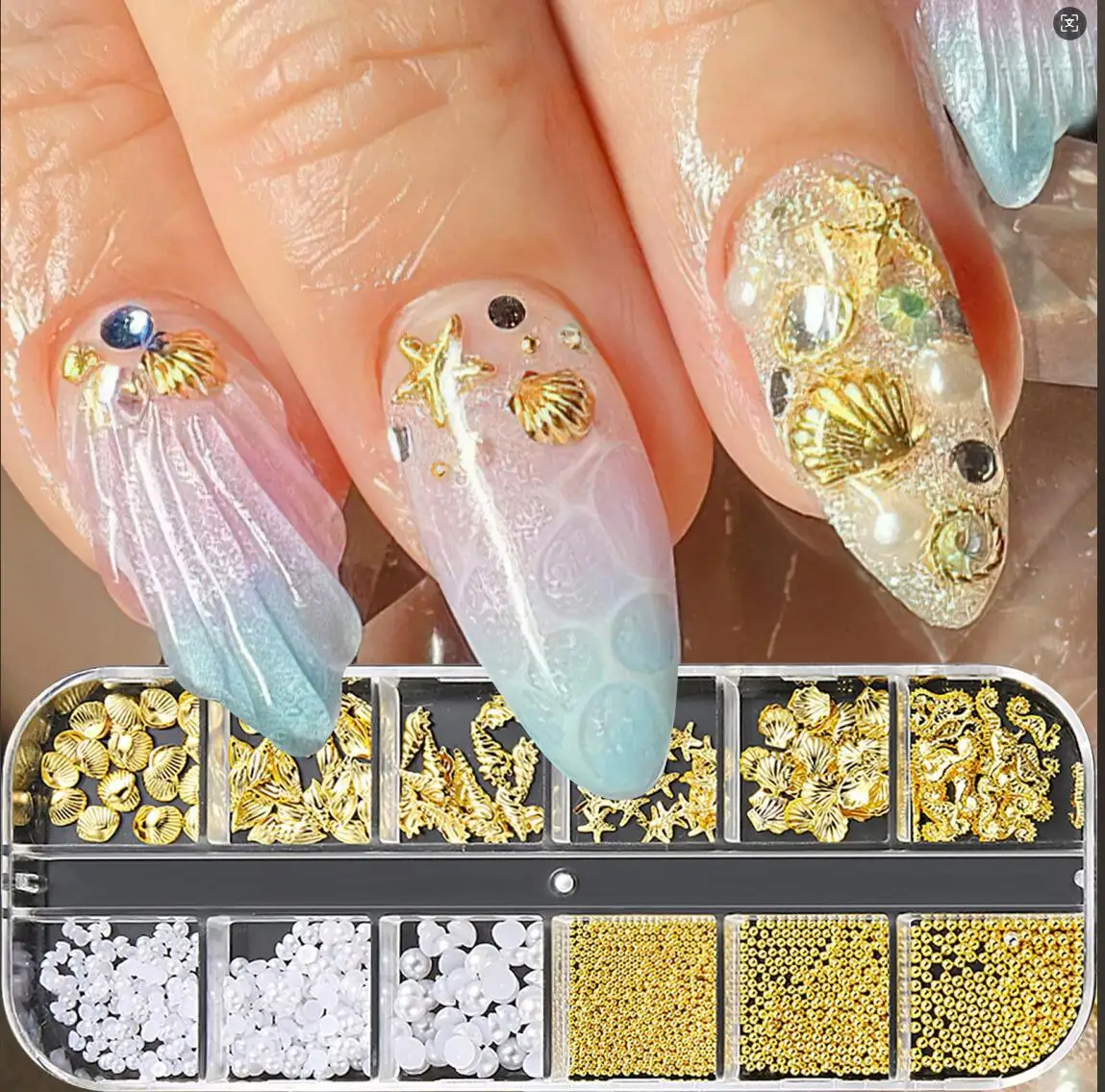 

12Grids Ocean Pearl Starfish Shell Nail Sequins Charms 3D Metal Caviar Beads Jewelry Nail Art Decorat Mixed Manicure Rivet Studs