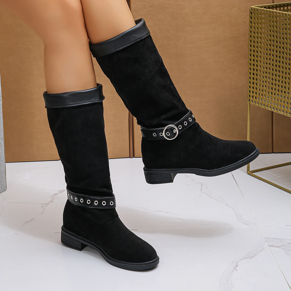 Women's Square Heel Ankle Boots Autumn Winter Chain Black Fashion Long Knee-high Boots Women Shoes Outdoor Slip-on Women's Boots