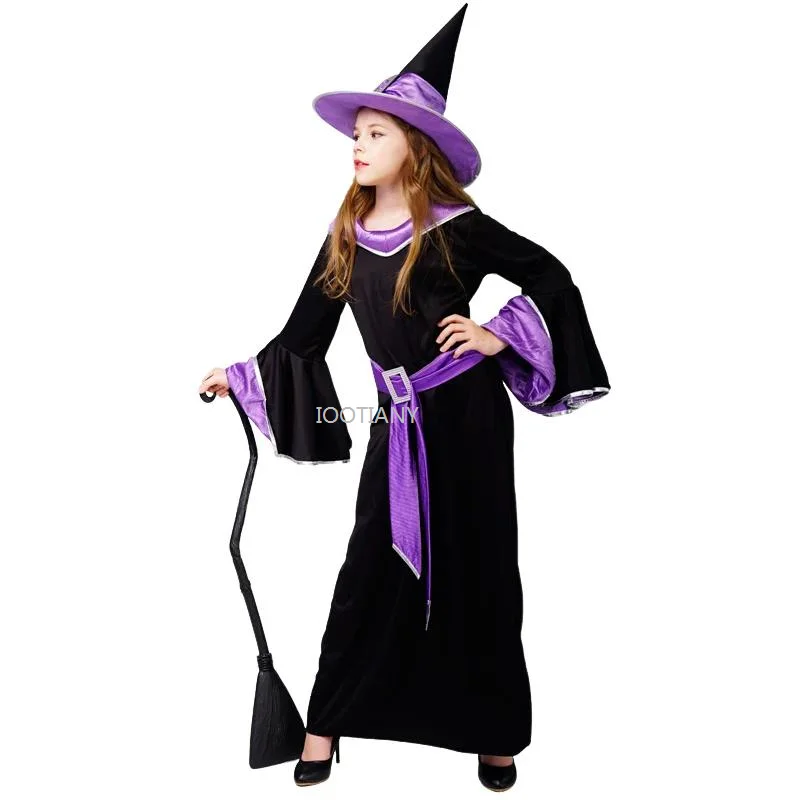 Disfraz de bruja púrpura para niña, disfraz de Halloween para niño, disfraz de fiesta de juegos de rol, fiesta de vacaciones, conjunto de actuación en escenario para niña bonita