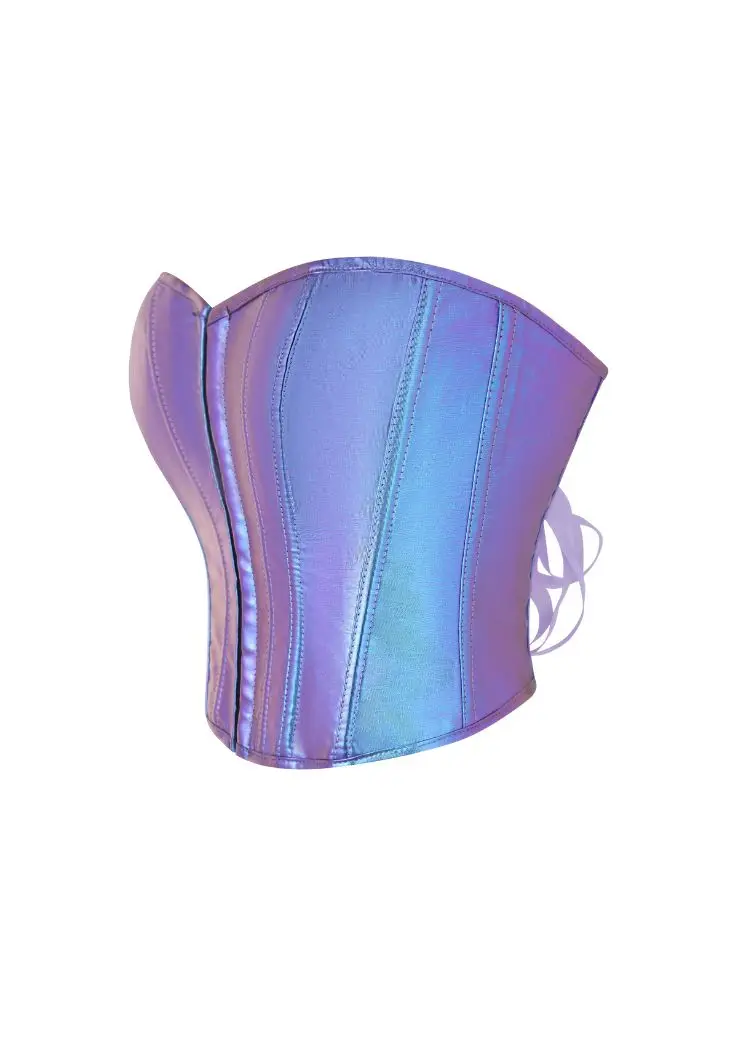 Women's Blue Purple Holographic Corset Top, Vertical Seam Slim Fit Cropped Bustier for Rave Festival view 4
