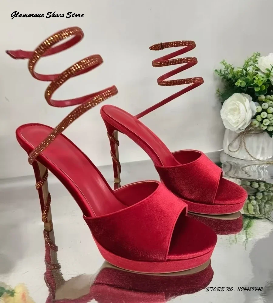 

Сандалии с ремешками на щиколотке, украшенные кристаллами, женские замшевые туфли с круглым открытым носком на тонком высоком каблуке, весна-лето, модные вечерние туфли на платформе