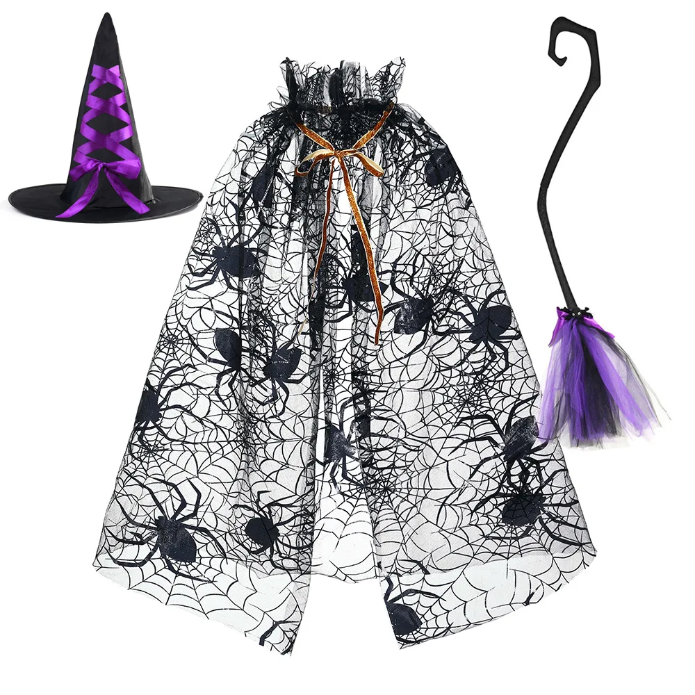 Conjunto de capa de bruja de Halloween, tela de araña, capa de malla transparente, sombrero y escoba, conjunto para niños, niñas, apliques de plumas, animales