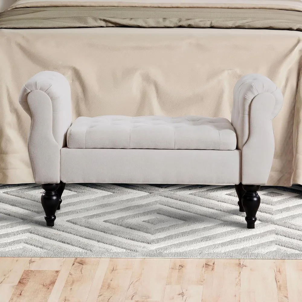 

Linen Fabric Storage Bench with Arms and Wooden Legs, 39.76 Modern Button Tufted Bench for Bedroom End of Bed, Upholstered Livin
