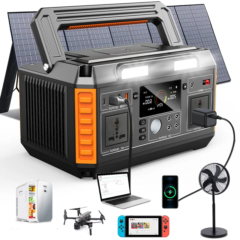 600W Portable Power Station 520Wh Battery with 200w Solar Panel Pure Sine Wave Outdoor Camping Power Generator AC Power Supply