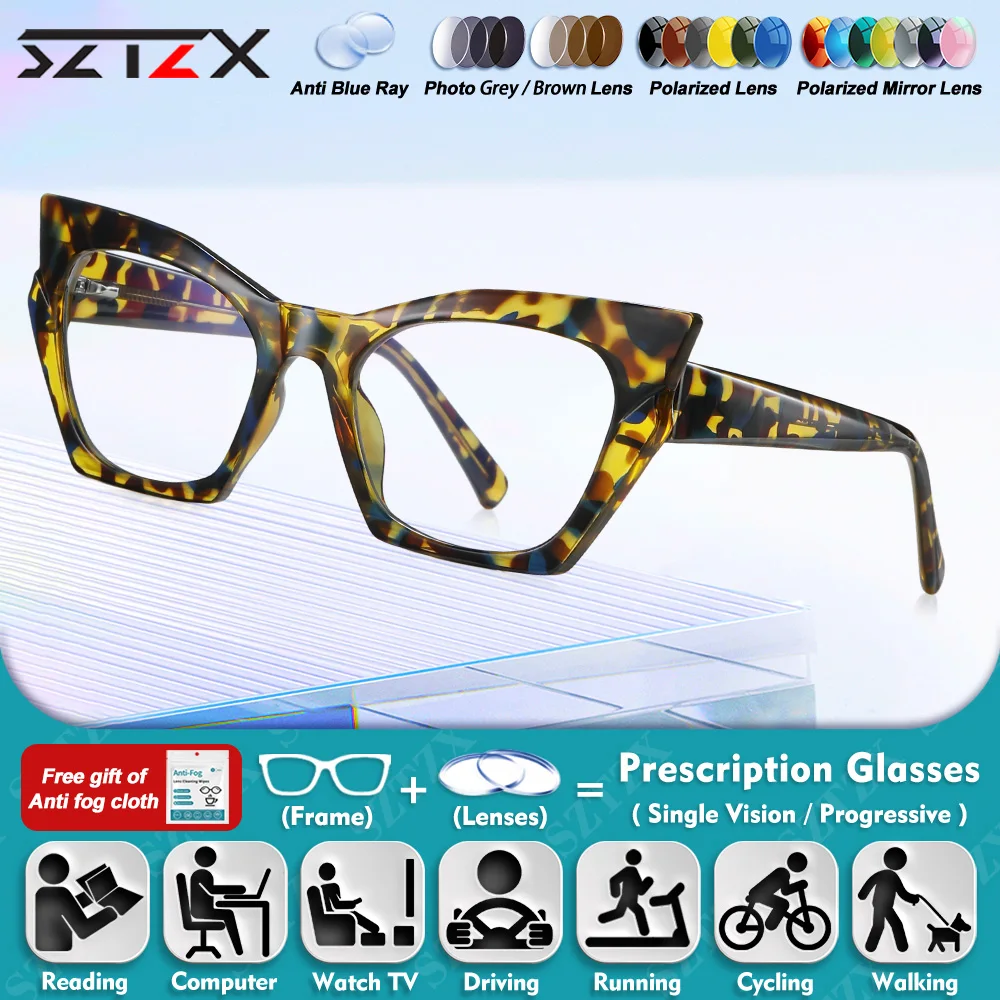

SZTZX Trendy Cat Eye For Women Myopia Prescription Computer Glasses Anti Blue Light Progressive Photochromic Premium Eyeglasses