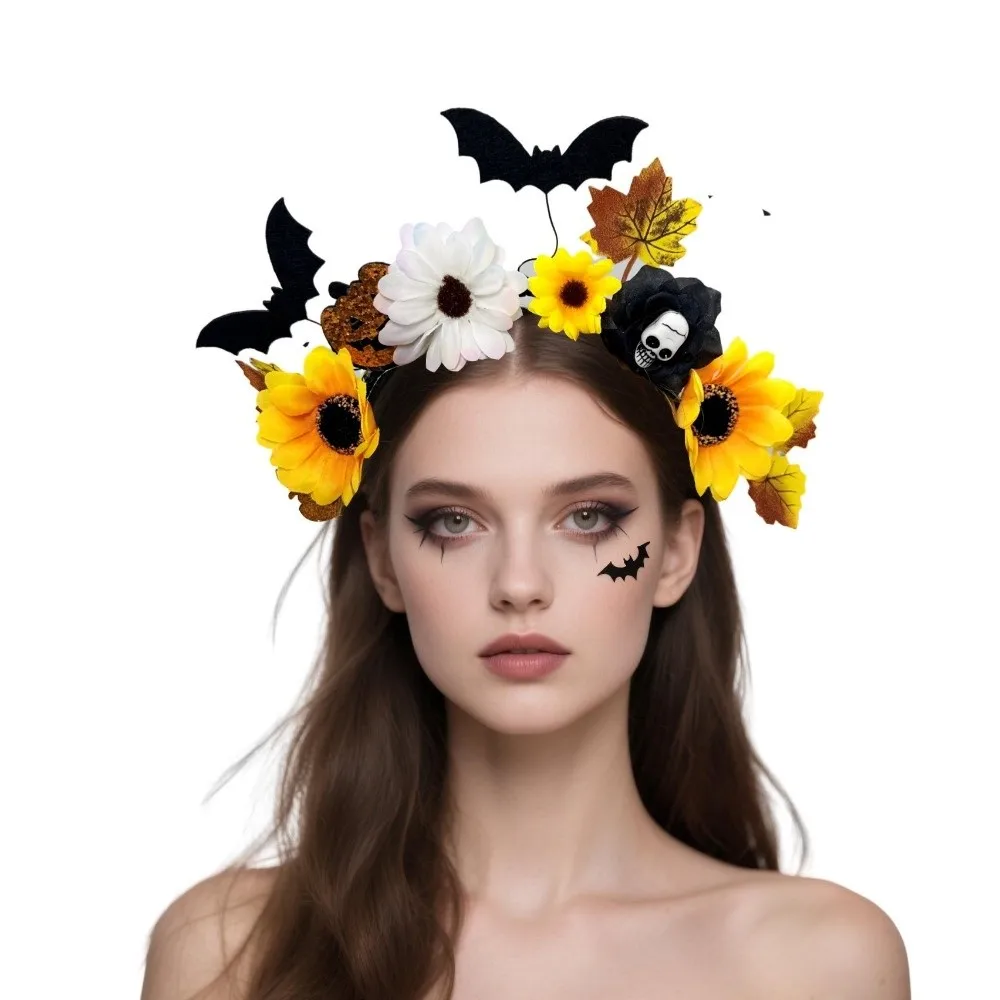 

Красочный ободок для волос с имитацией черепа и летучей мыши, забавный готический цветочный ободок для Хэллоуина
