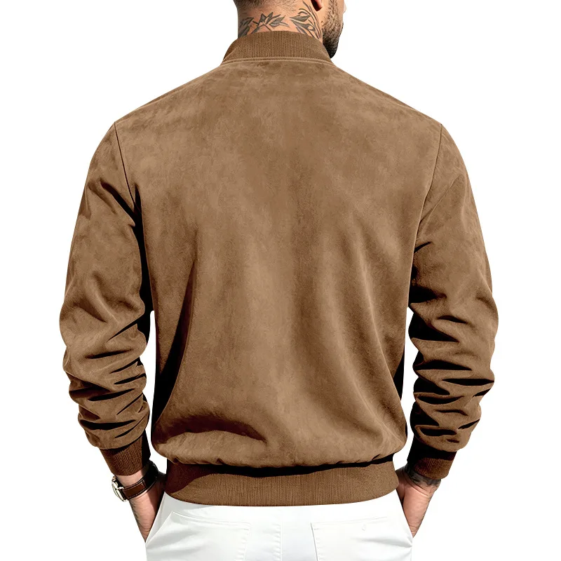Herren Herbst- und Winter-Freizeitjacke in Übergröße aus Wildleder mit Reißverschluss und Stehkragen, Langarm – Detail 5