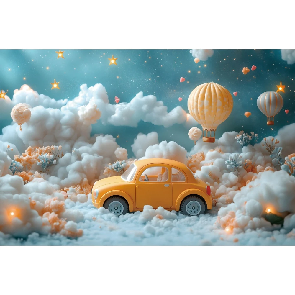 Star Car Photography Background Yellow Hot Air Balloon White Clouds Blue Wall Birthday Backdrop Baby Shower Decor Photo Studio